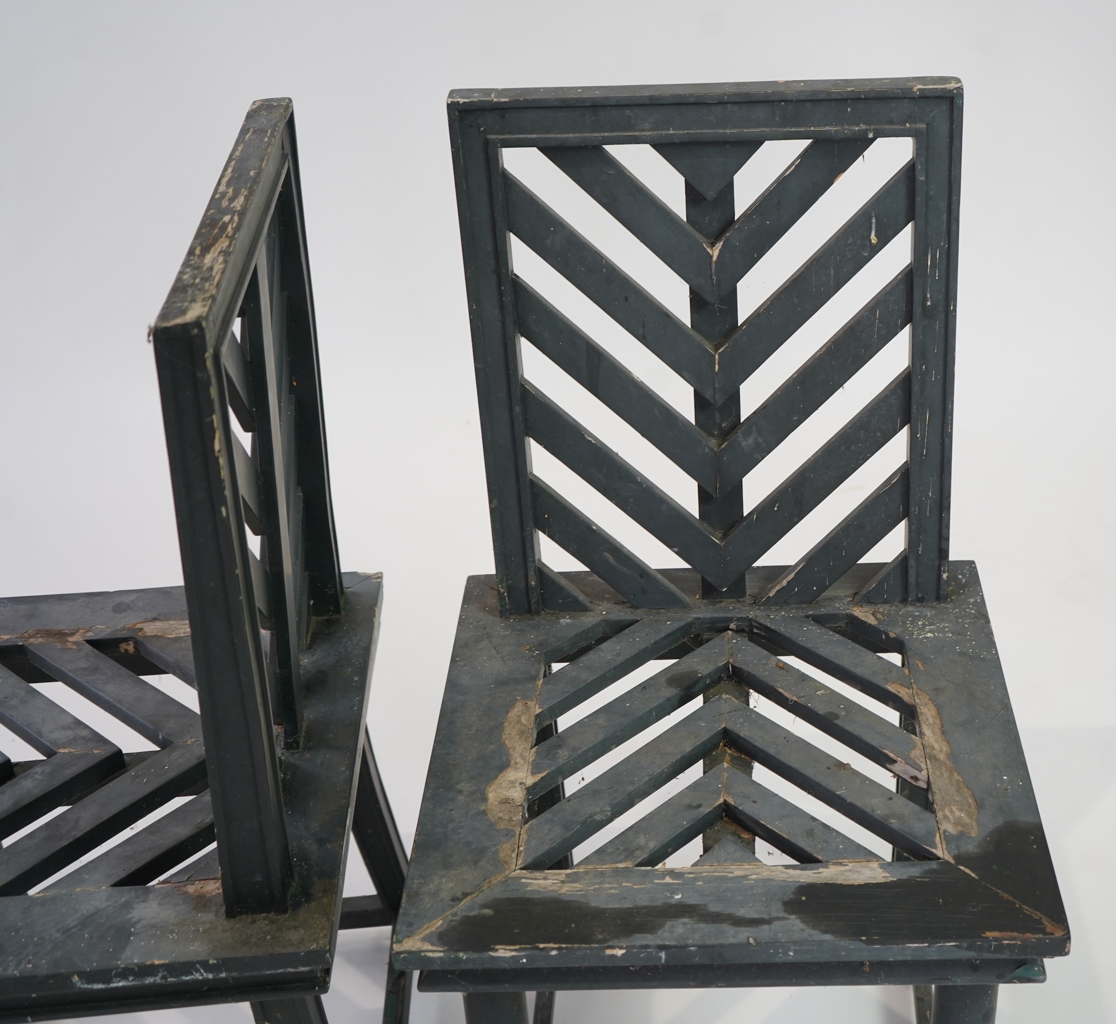A set of fourteen green painted beech garden chairs, designed by Emilio Terry for the Theatre de Verdue, Chateau De Groussay